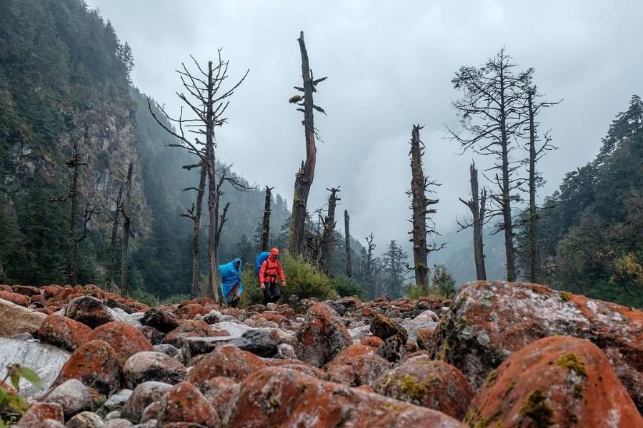 Trekkers on rocky Manaslu Circuit trail